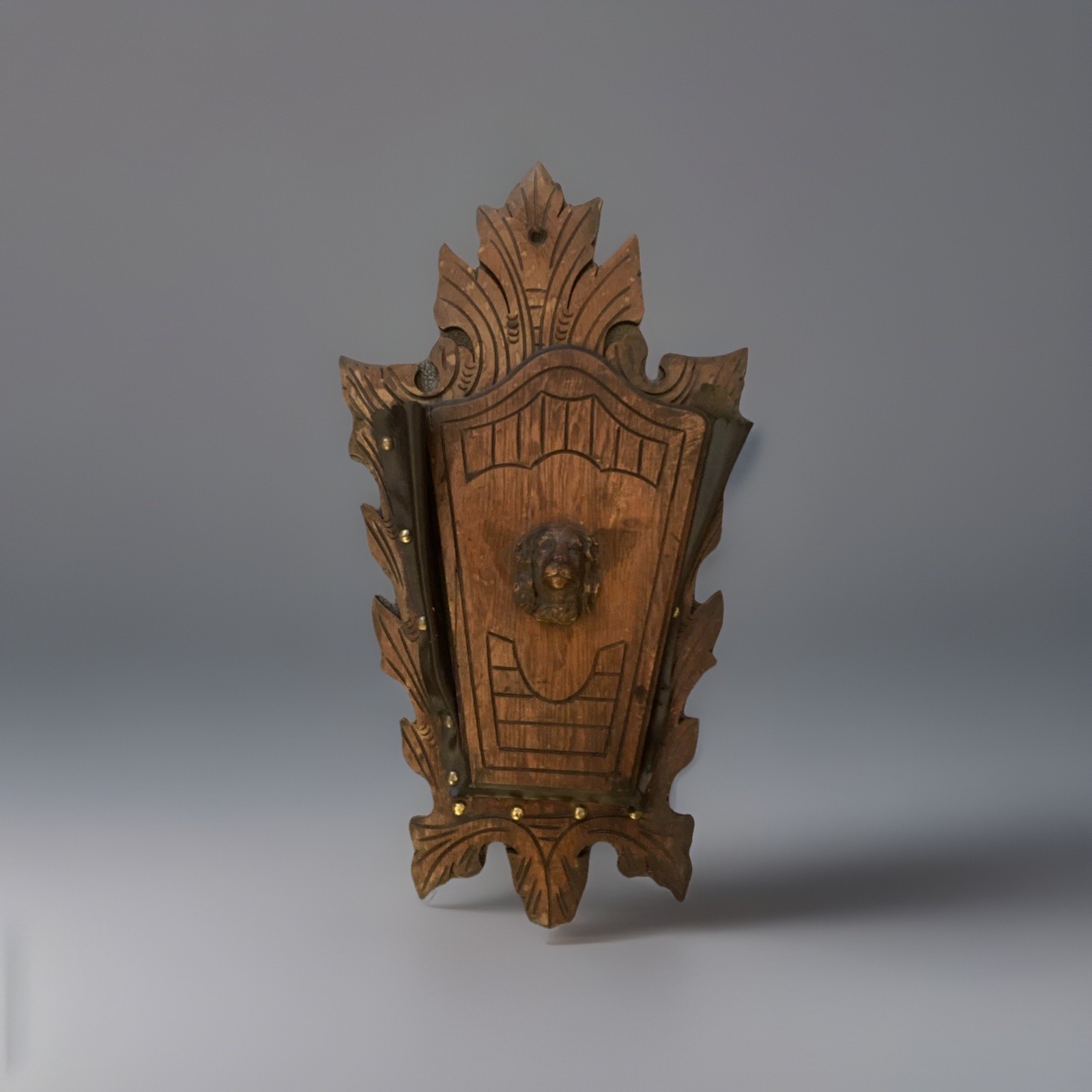 Antique Victorian Walnut Wall pocket Magazine Newspaper Rack Holder Spaniel Dog