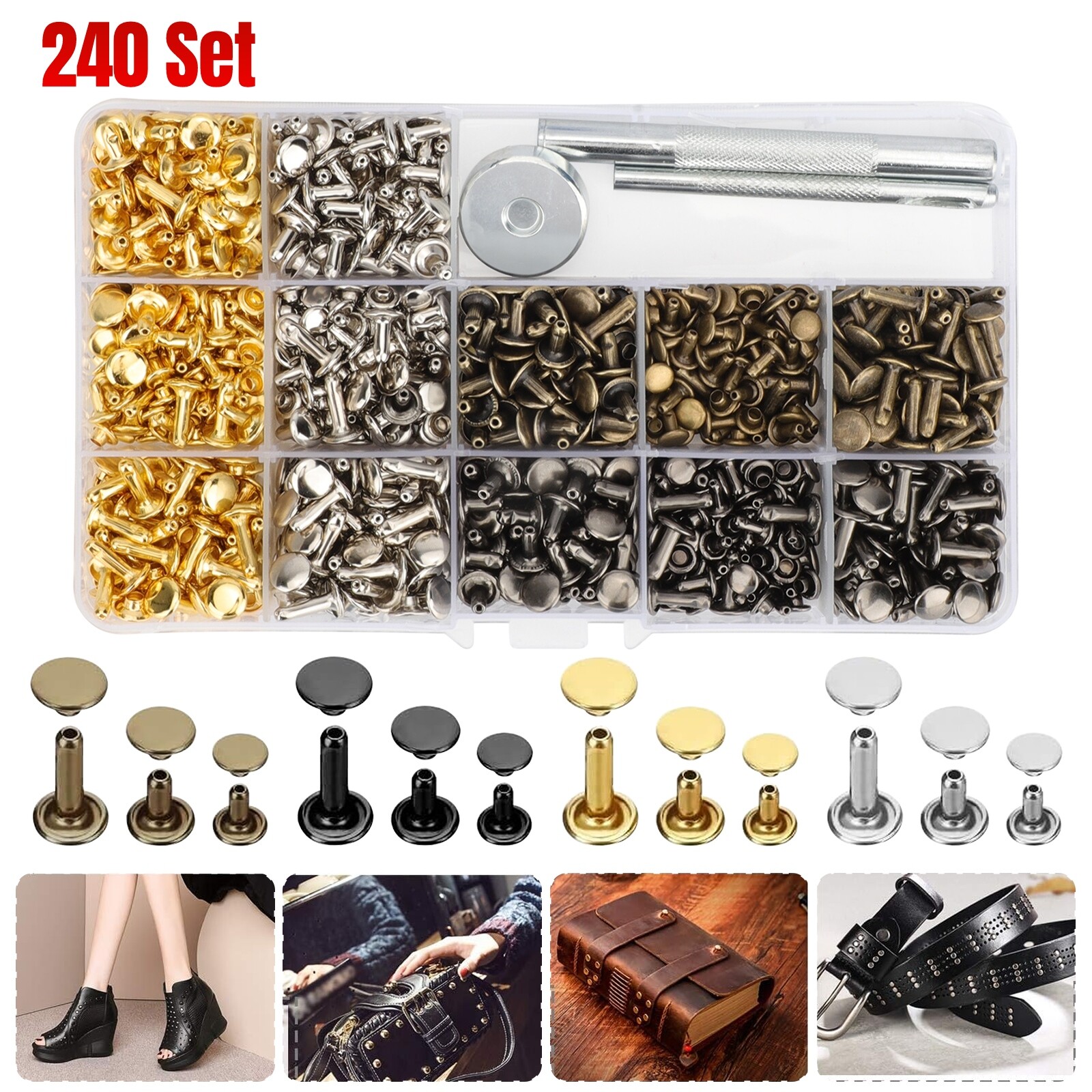 240 Set Leather Rivet Kit Double Cap Metal Studs for DIY Craft Hardware Supplies