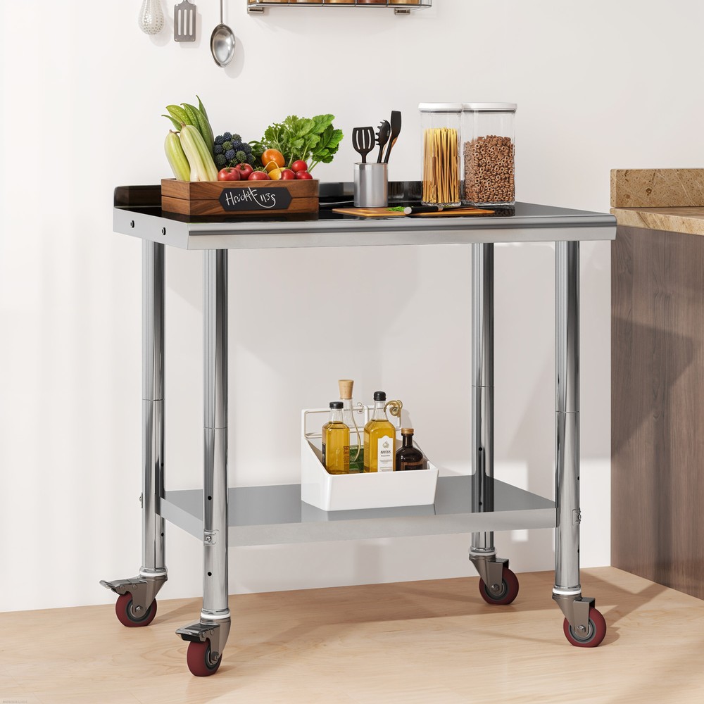 Rolling Work Table Stainless Steel Undershelf Kitchen Prep Backsplash Side Hooks