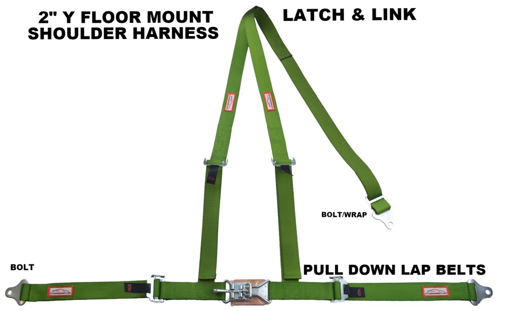 2" LATCH & LINK Y FLOOR MOUNT HARNESS 3 POINT BUGGY BELT PULL DOWN LAP LIMEGREEN