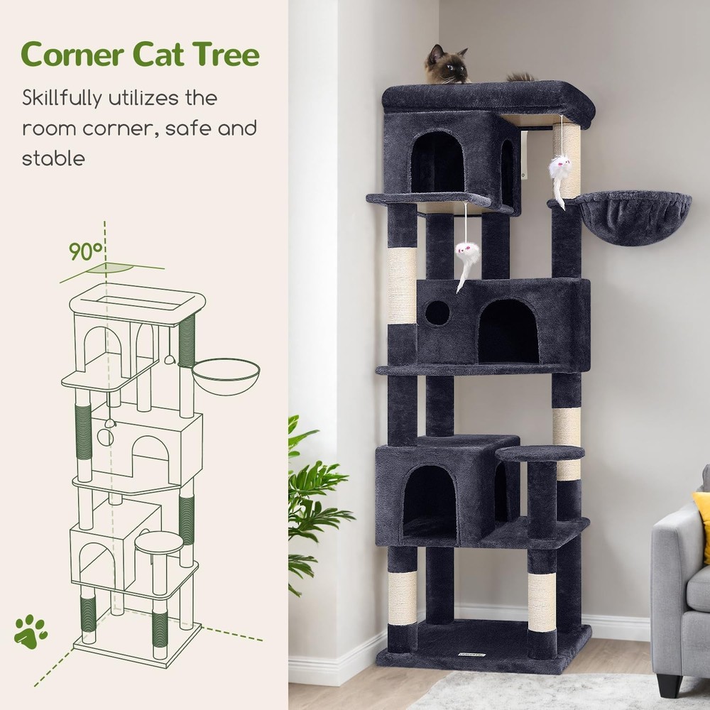 Corner Cat Tree 66 inch Multi-Level Climbing Tower, Dark Grey