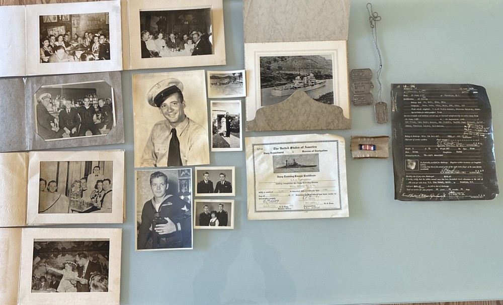 WWII LOT PHOTOS DOCUMENTS NOTCHED DOG TAGS