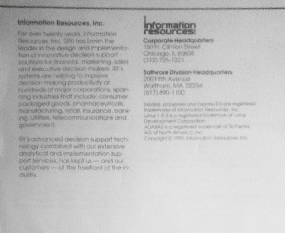 1990 Express/EIS brochure, by Information Resources Inc.