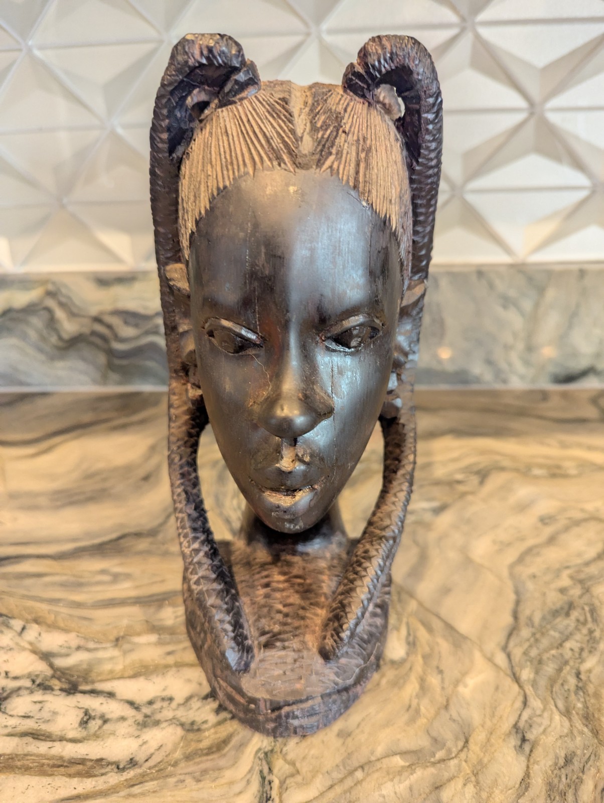 African Tribal Woman Bust Hand Carved Wood Sculpture Ethnographic Head Statue...