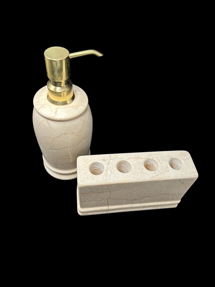 Frontgate Designer Solid Travertine Marble Toothbrush Holder & Lotion Dispenser