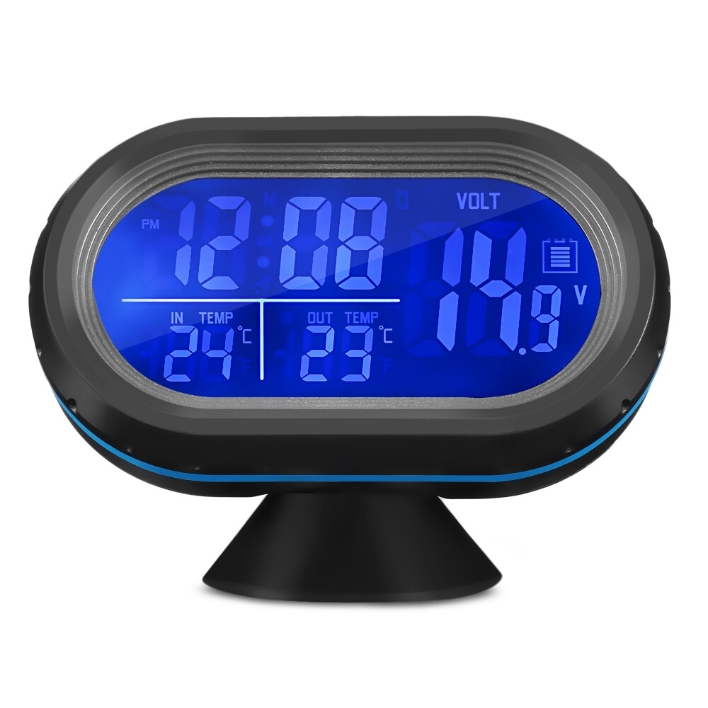 Mini Car Dash Panel Blue LED Digital Thermometer/Voltmeter/Clock Voltage Gauge