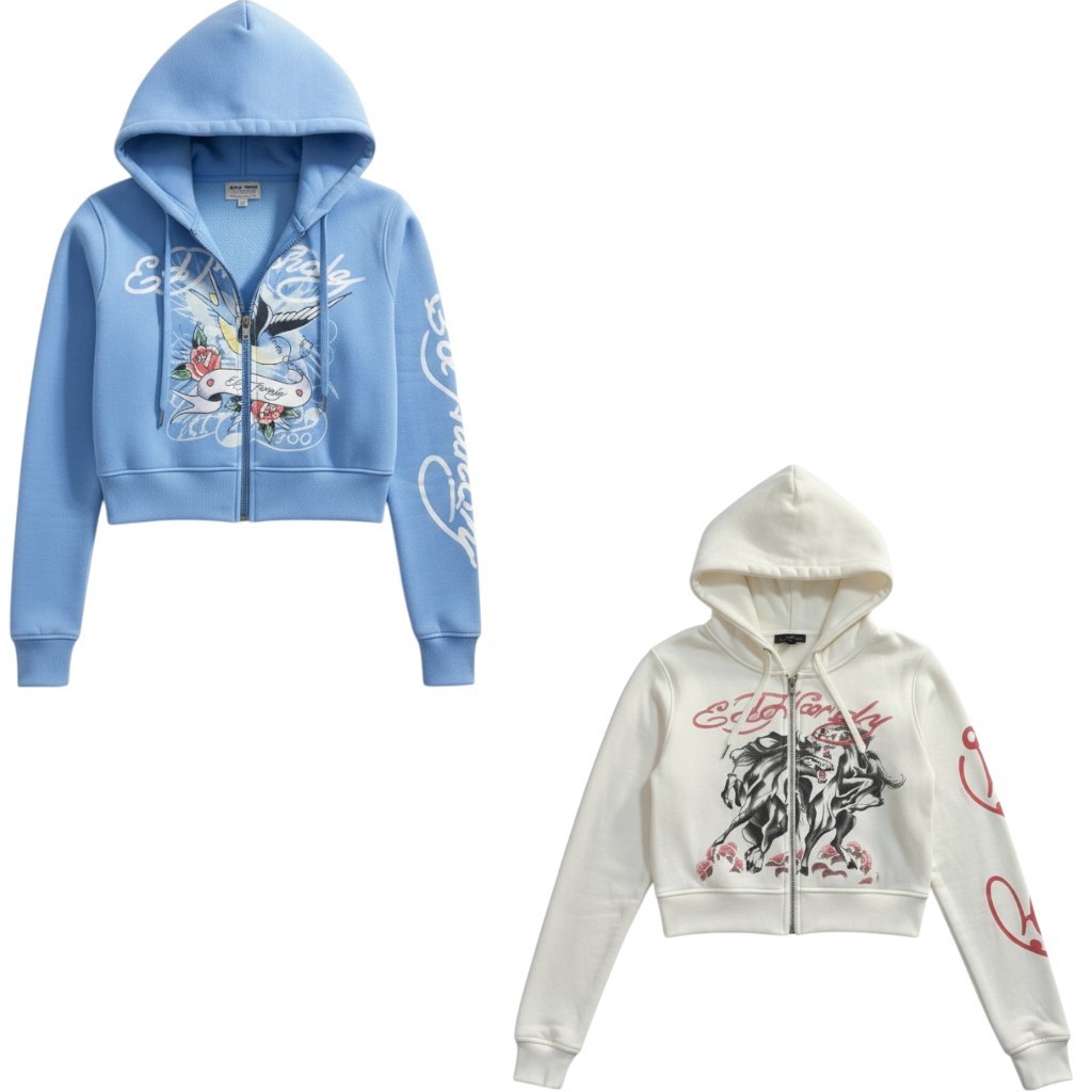 Ed Hardy Cropped Hoodie Zip Up | Baby Blue Tattoo Bird & Rose or Ivory Horses