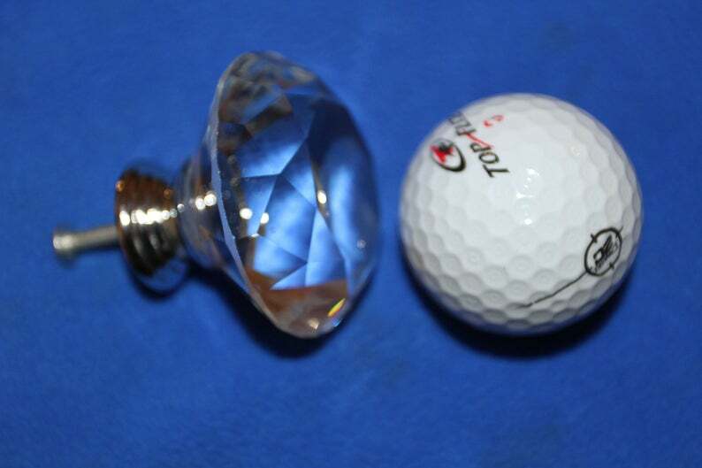 (2) knobs Large Crystal Look Glass Knob Pulls Diamond Cut Solid, 2" dia., HW-DL2