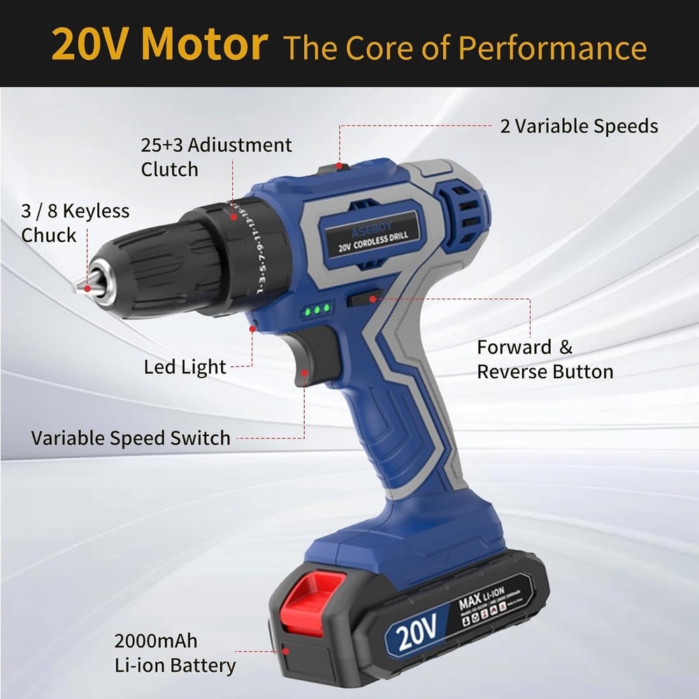 20V Cordless Drill with LED Light & Variable Speed - Ultimate DIY Tool Kit