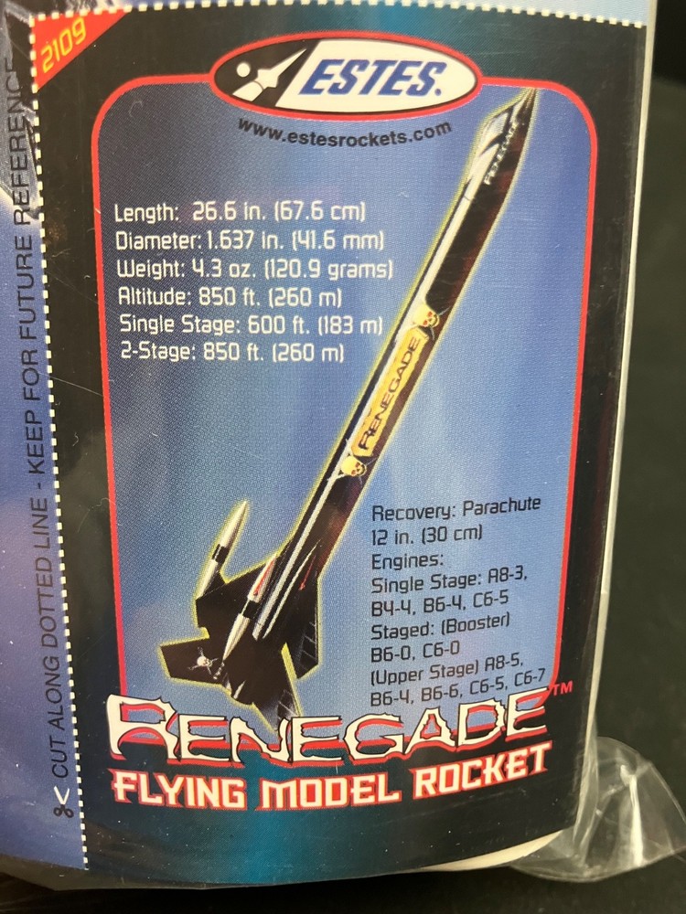 OOP Estes Renegade #2109 Flying Model Rocket Kit - Sealed