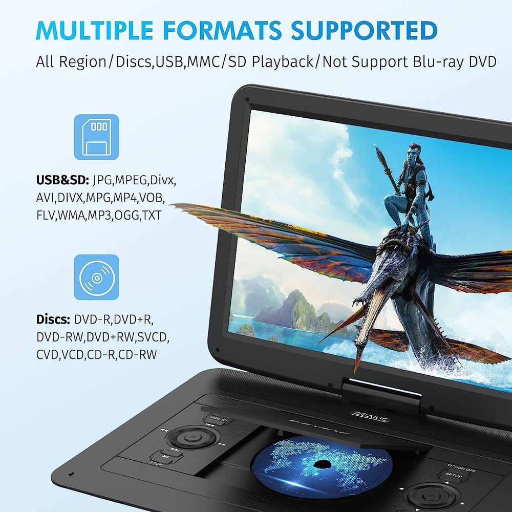 17.9" Portable DVD Player with Rotatable Screen, Rechargeable Multimedia Device
