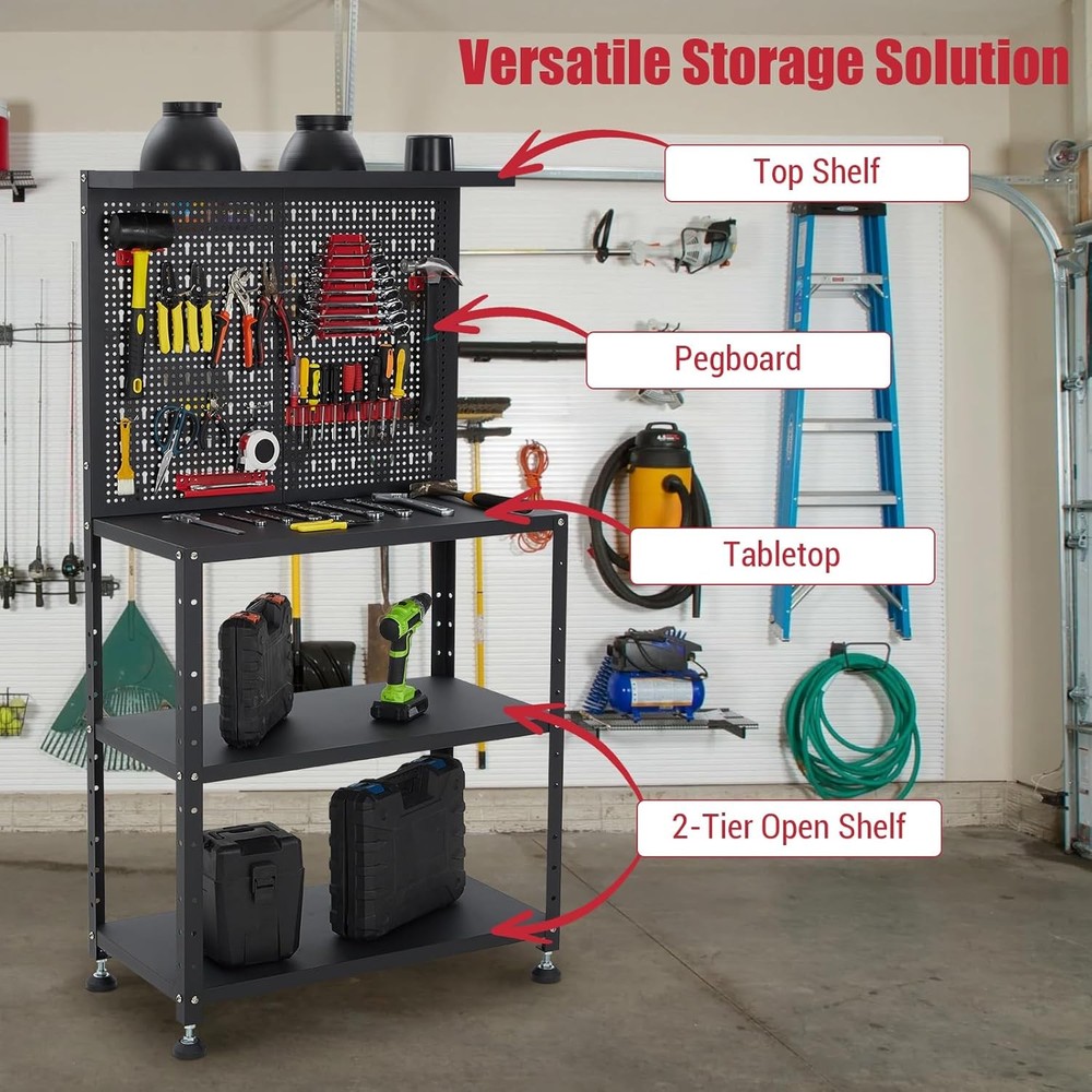 Garage Workbench with Pegboard 32" Adjustable Workshop Tool Organizer Work Table