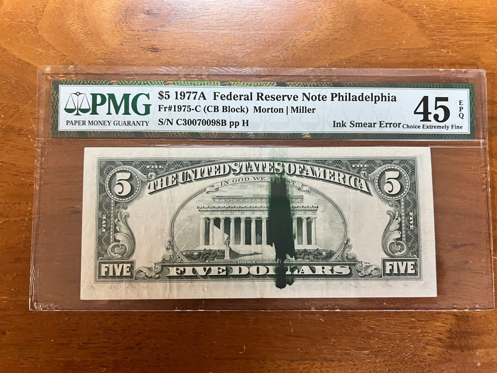 1977A 5$ F R Note Philadelphia PMG 45 EPQ Double Error Front and Back Error