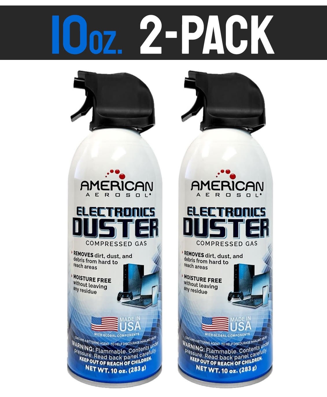 American Aerosol Compressed Gas Electronics Duster, 10 oz Cans, 2-Pack.