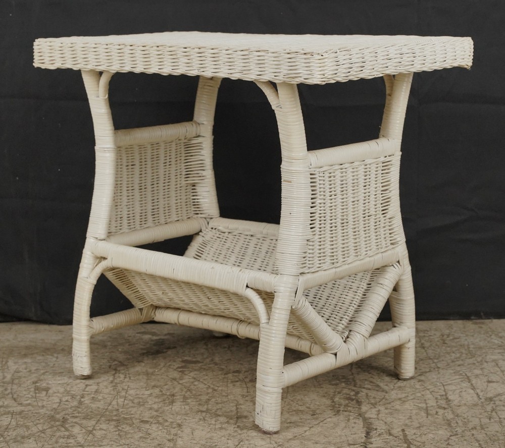 Vintage White Wicker Magazine End Table