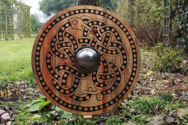 Viking Shield, Painted, decoration wooden Viking shield. Sutton Hoo motive. Gift