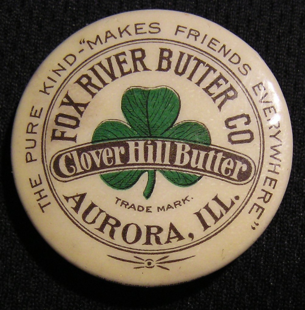 c1900 1.25" FOX RIVER BUTTER CO DAIRY ADVERTISING PIN - AURORA IL - THE MEEK CO