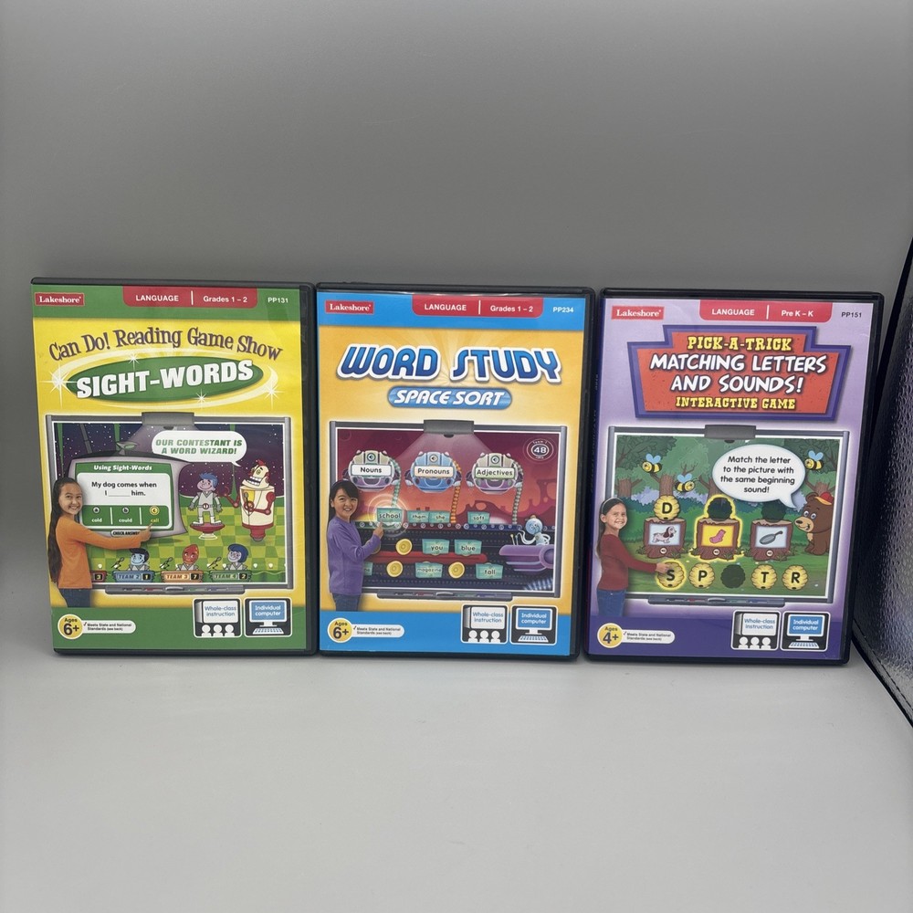 3 Lakeshore Games Grades 1-2 /Pre K - K Language Interactive CD-ROM Mac/PC