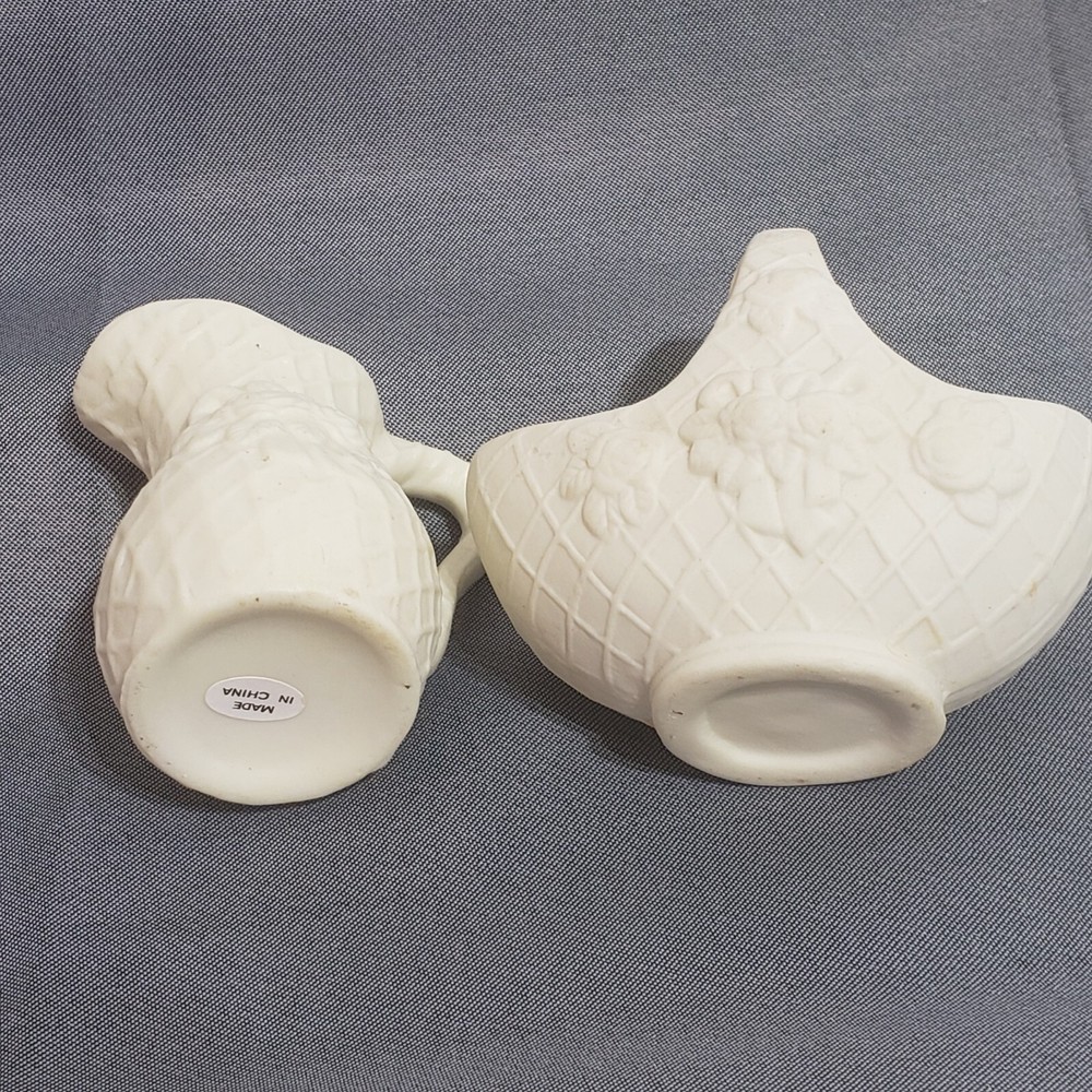 Picnic Basket and Pitcher Miniature Chalkware Weave Pattern