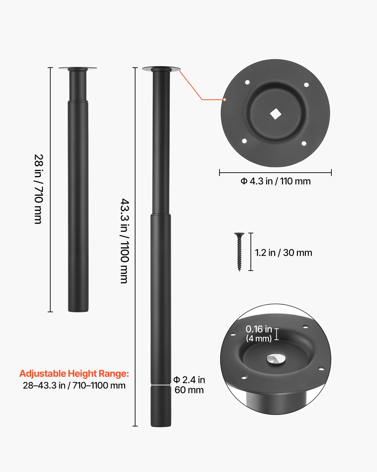 VEVOR Adjustable Steel Table Legs 28-43 in 1200 lbs Heavy Duty Set of 4 Black