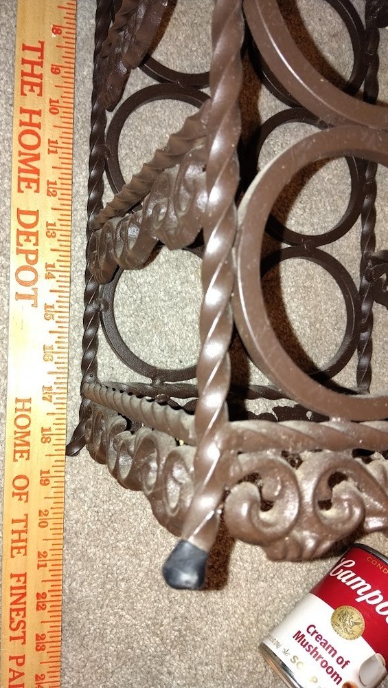 Vtg Solid wrought Iron Wine Rack scroll stand alone heavy dark brown 6 bottles