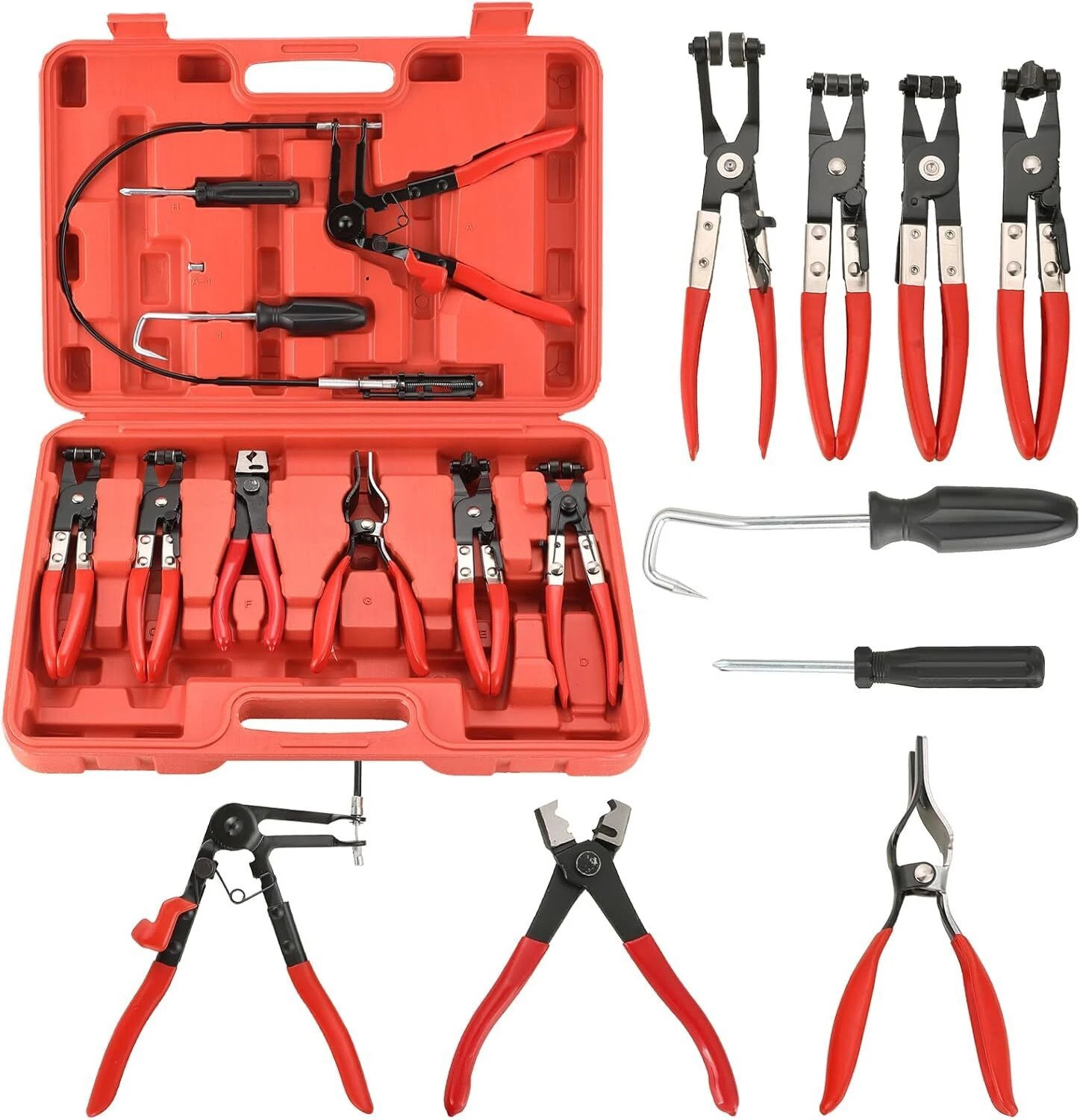 10Pc Hose Clamp Clip Remover Pliers Wire Long Reach Kit Fuel Oil Water Hose Tool