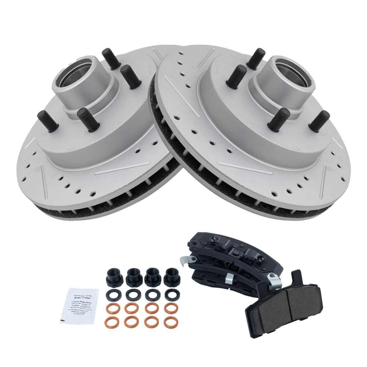 Front Ceramic Brake Pad & Performance Drilled Slotted Coated Rotors