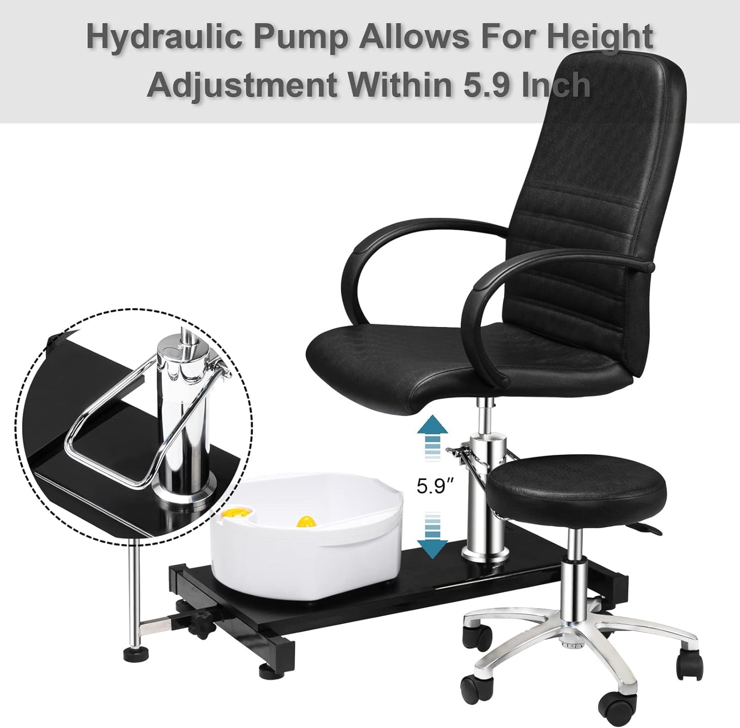 Pedicure Chair White with Stool & Bubble Massage Foot Bath, Hydraulic Pedi Chair