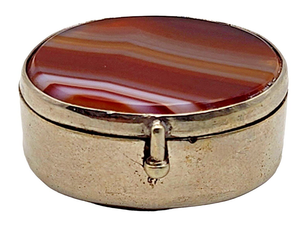 ANTIQUE Sterling Silver / Agate Oval Pill Box