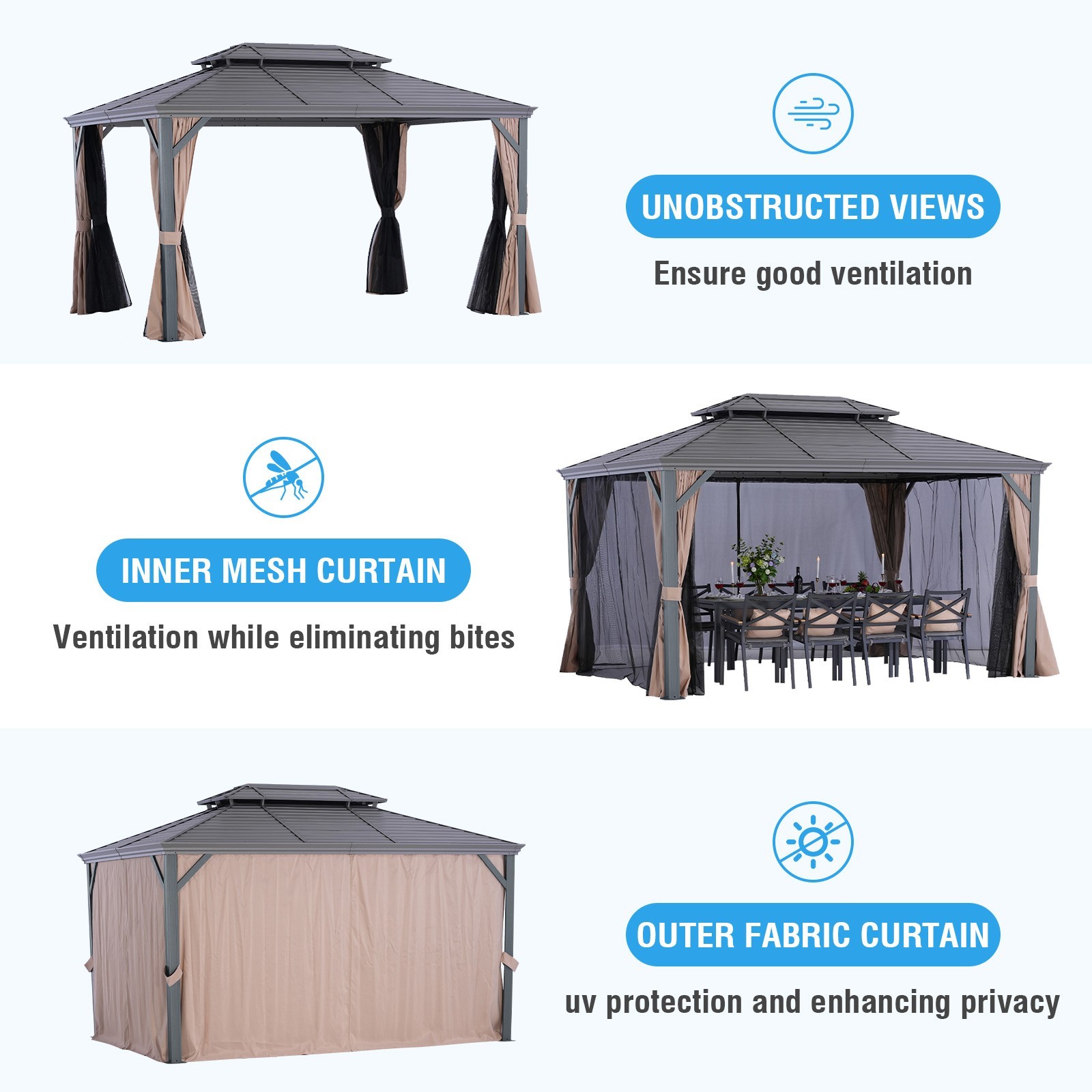 10x13 Hardtop Gazebo Double Roof with Curtain and Netting