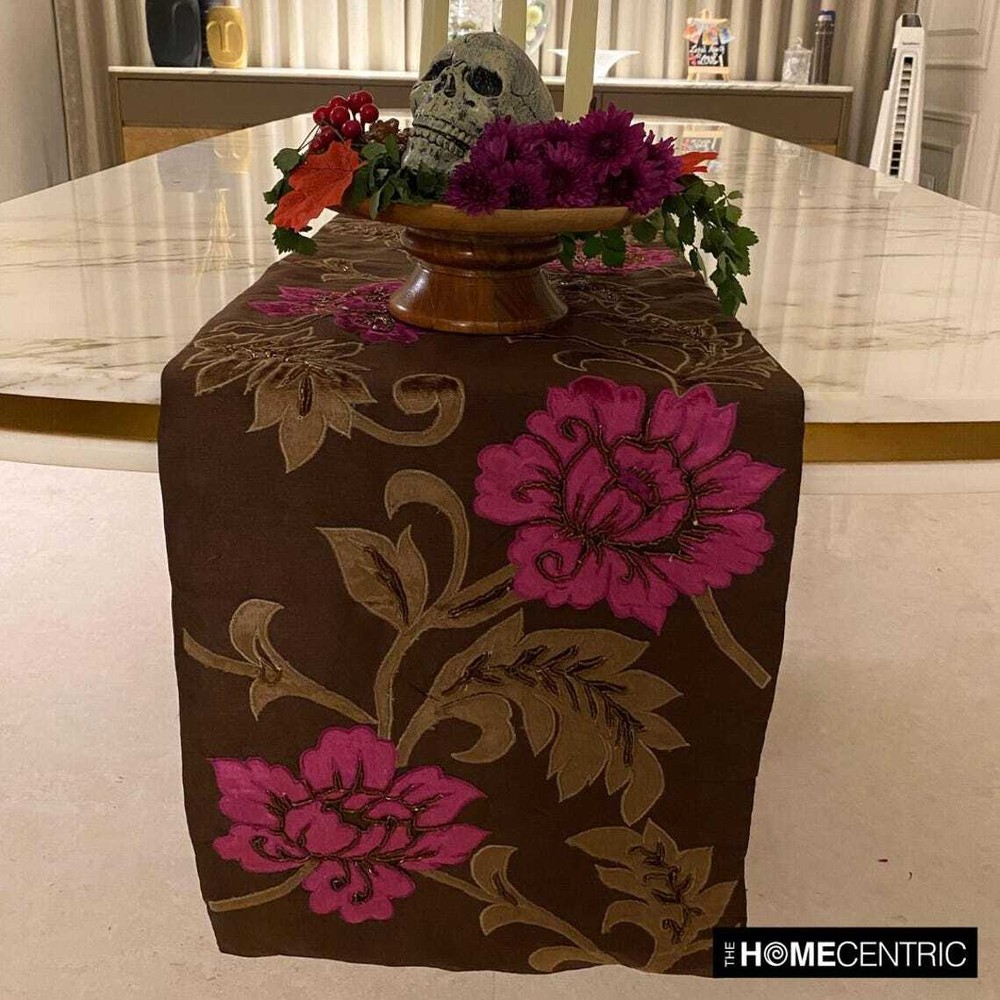 Decorative Table Runner Brown Silk Wedding Décor Table Décor - Blossoms Applique