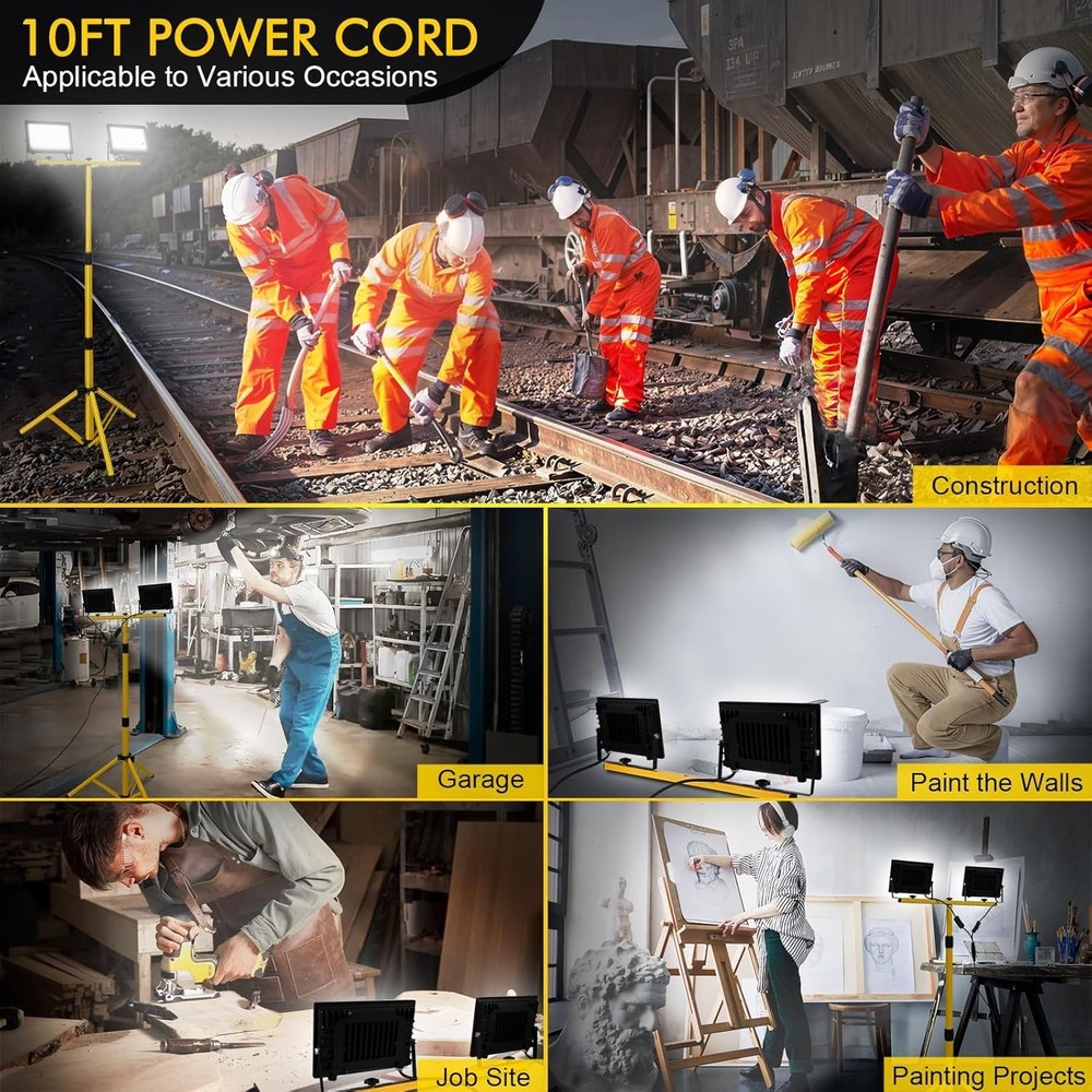 LED Work Light With Tripod Stand Adjustable 3 Heights 2 Lights 21000LM Work Site