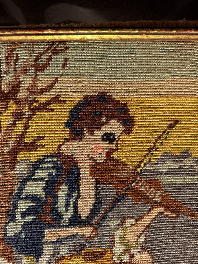 Framed Needlepoint Violin Player by River Scene