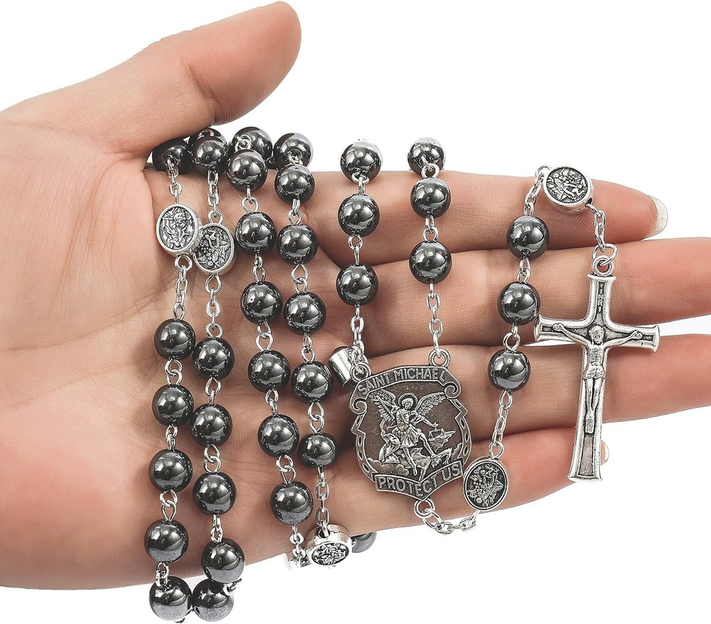 Hematite Black Stone Beads Rosary Necklace with St Michael Centerpiece, Crucifix