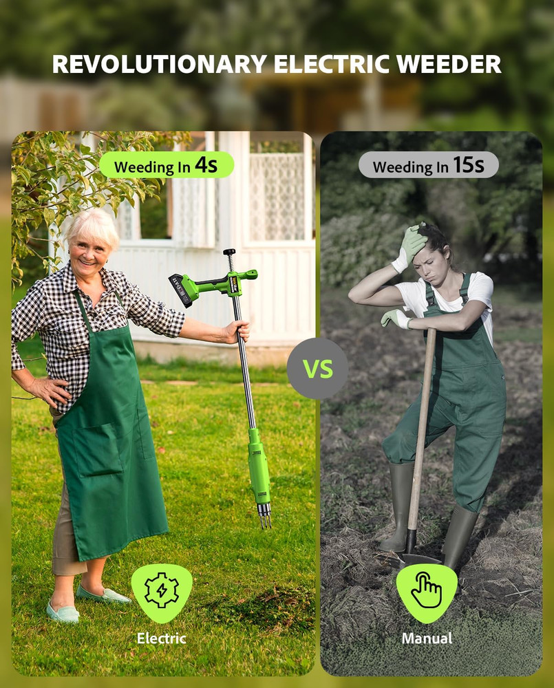Electric Weed Puller Tool: 21V Battery Powered W/ 2Pcs 2000Mah, Heavy Duty 3-Cla