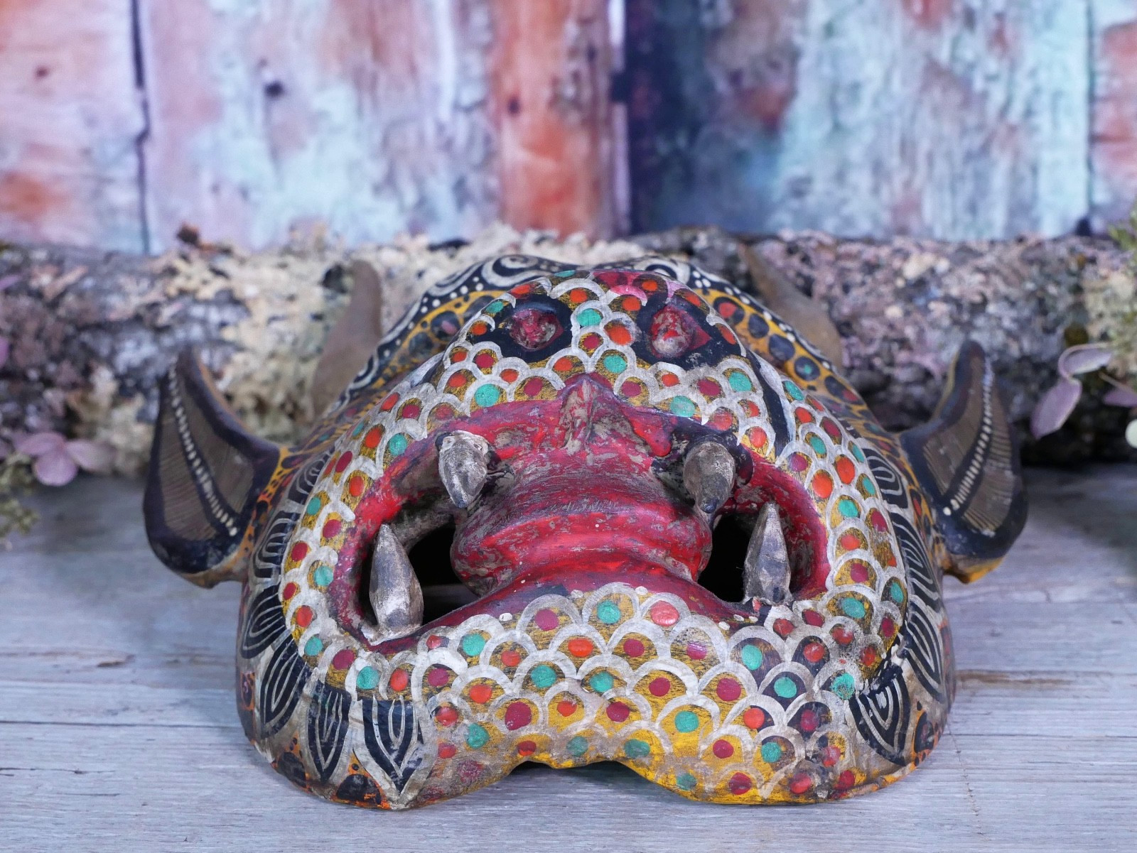 Devil Demon Wood Mask Real Goat Horns Handmade Guerrero Nahua Mexican Folk Art