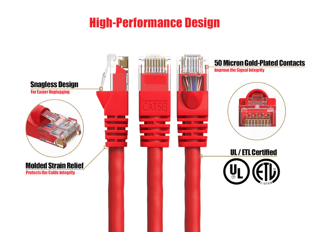 7ft Cat5e UTP Ethernet Network Patch Cable Snagless 24AWG Bare Copper, Red