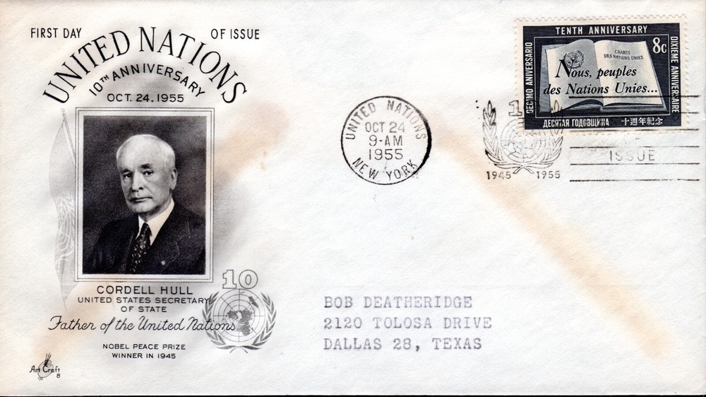 1955 UN ~ SC# 35-37 ~ 10th Anniversary Issues ~ FDC's ~ Art Craft Cachet