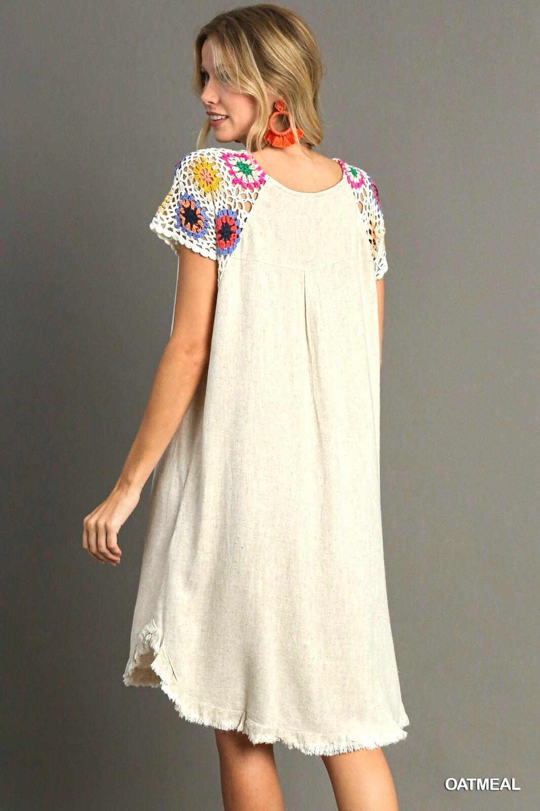Umgee Oatmeal Linen Blend Short Crochet Sleeves High low Fishtail Hem Dress