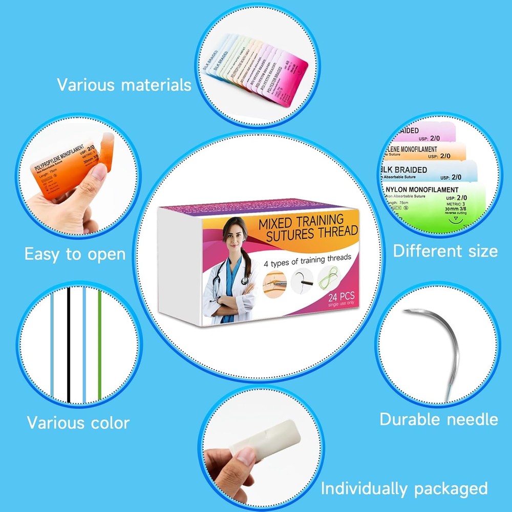 Sutures Thread with Needle (24 Mixed 2/0, 3/0, 4/0, 5/0) - Practicing Suturing(E