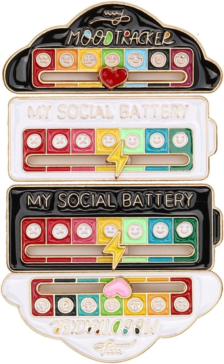 4Pcs My Social Battery Mood Brooch Pin Enamel Lapel Pins for Backpack Collar Hat