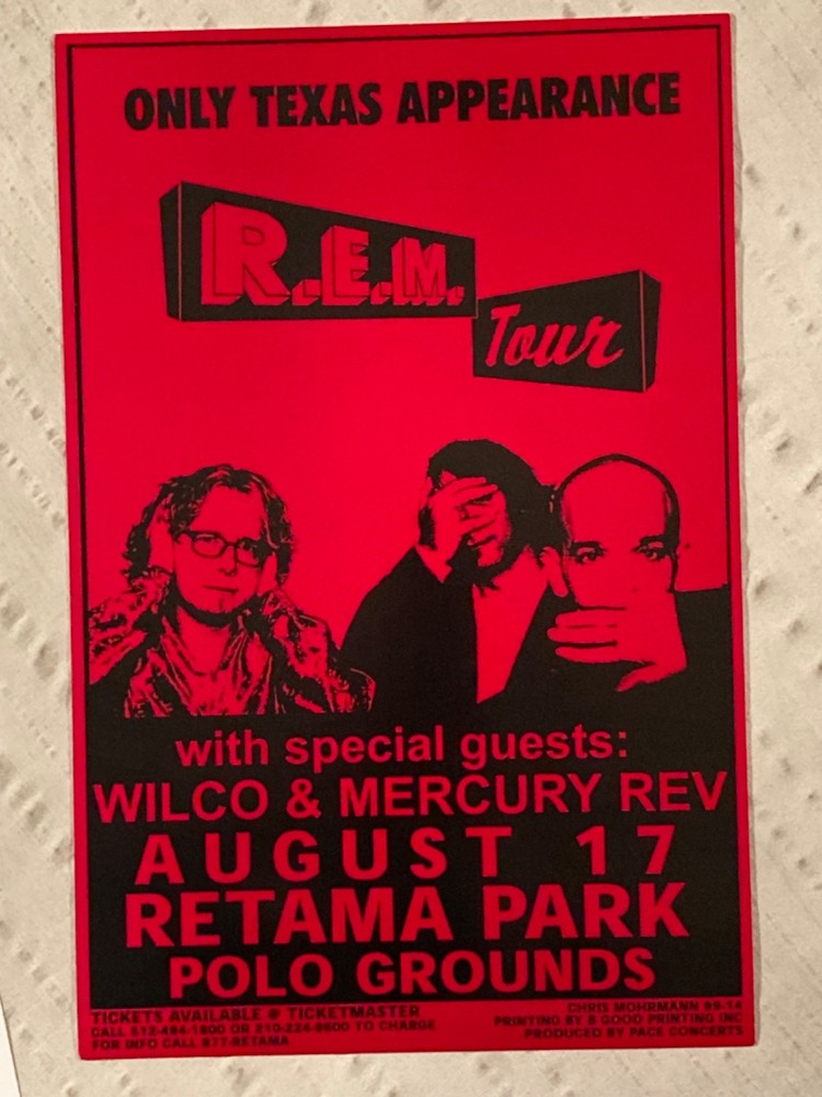 R.E.M. 1998 Tour Poster Wilco Mercury Rev Selma Texas Logo Ghost Printed REM