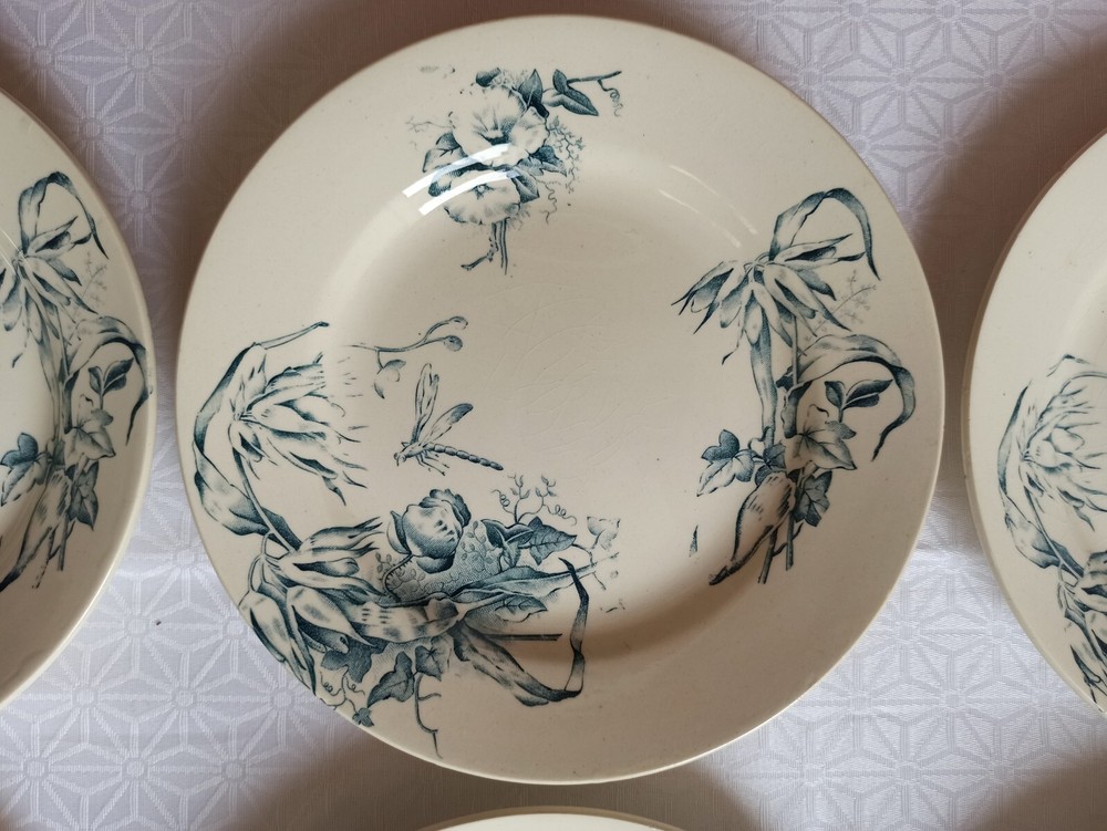 8 Flat Plates in Faience Earthenware Art Nouveau