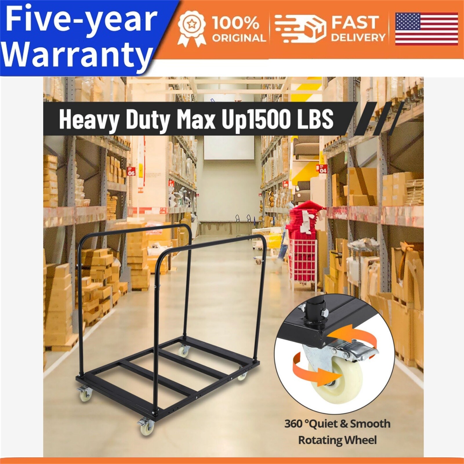 Folding Table Cart Rack 1500 LBS Panel Dolly Cart w/5" Swivel Casters Heavy Duty
