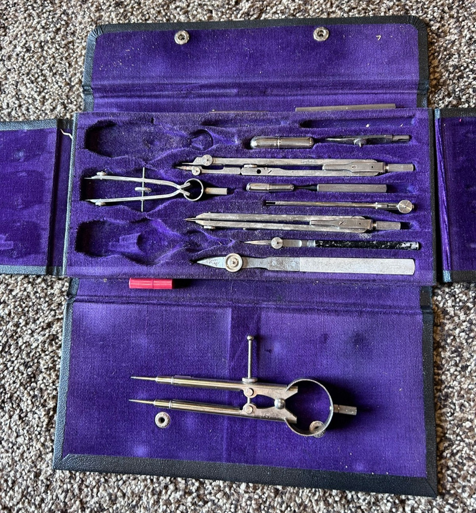 Vintage Drafting Tools Lot Triangles Templates Compass Slide Rule w/ Box