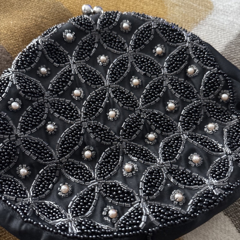 Vintage Black Beaded And Satin Clutch