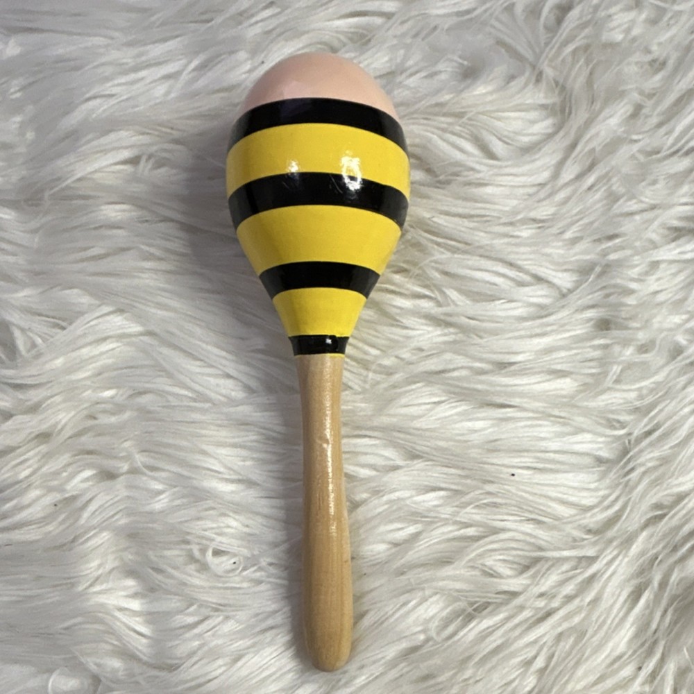 Wood Maraca Bee Stripe & Smiling Face Design