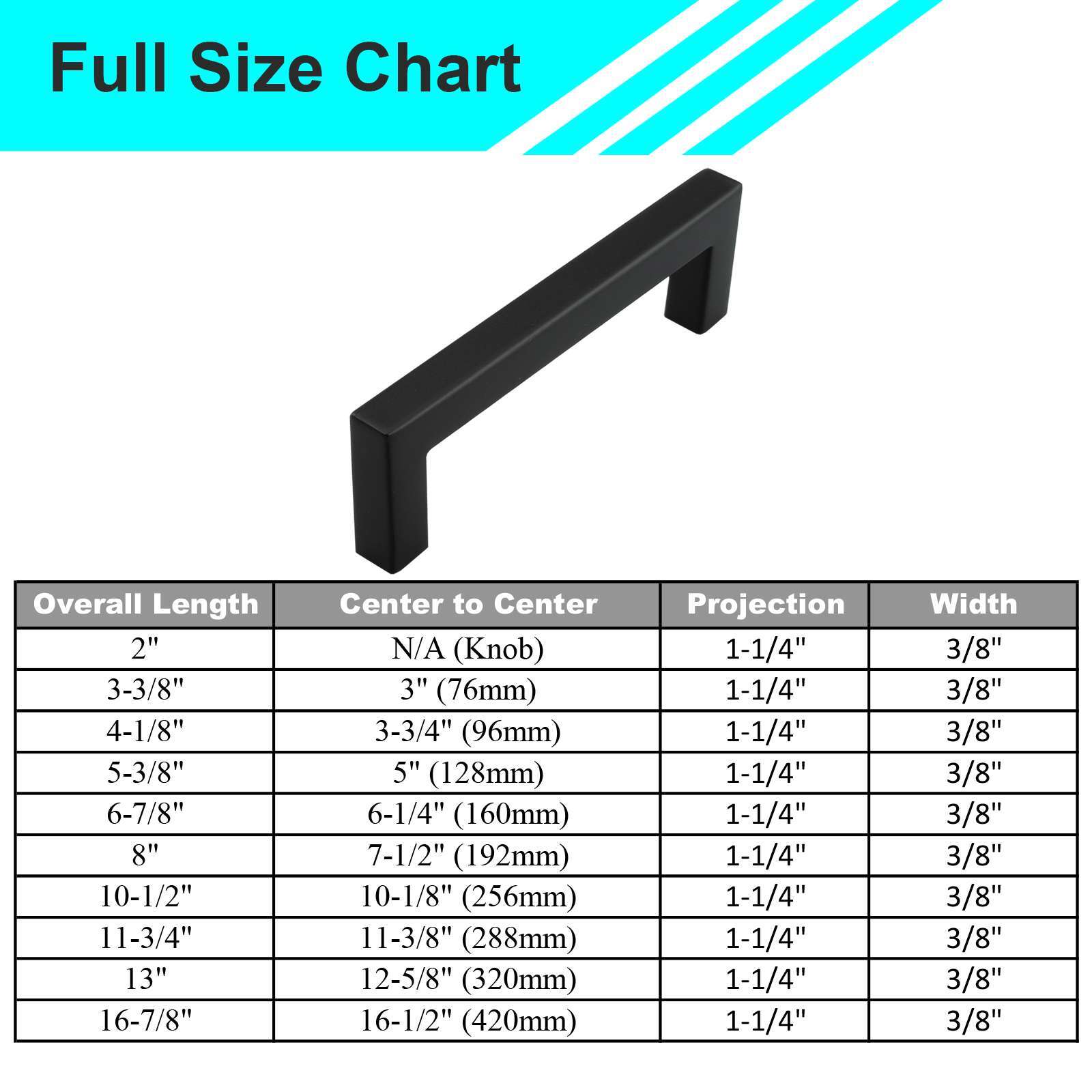 Matte Black Square Modern Cabinet Handles Pulls Kitchen Drawer Stainless Steel