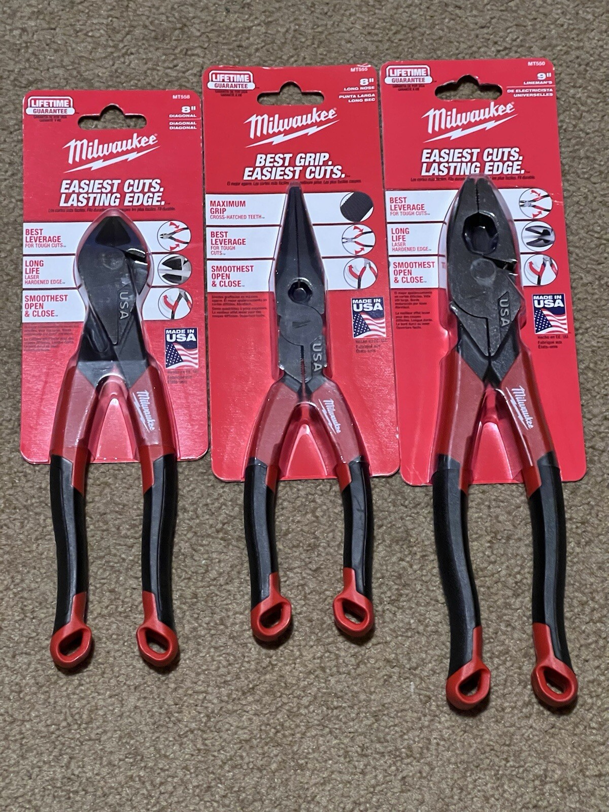 1 ea Milwaukee MT550 9" Lineman's Pliers ,MT555 8" Long Nose,& MT558 8" Diagonal