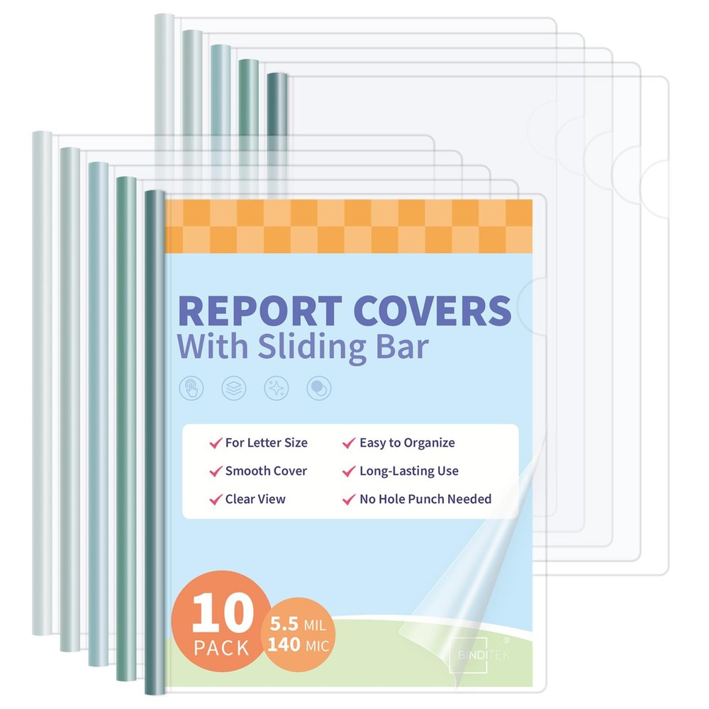 Binditek 10 Pack Clear Report Covers with Sliding 50-Sheet-Capacity, Green